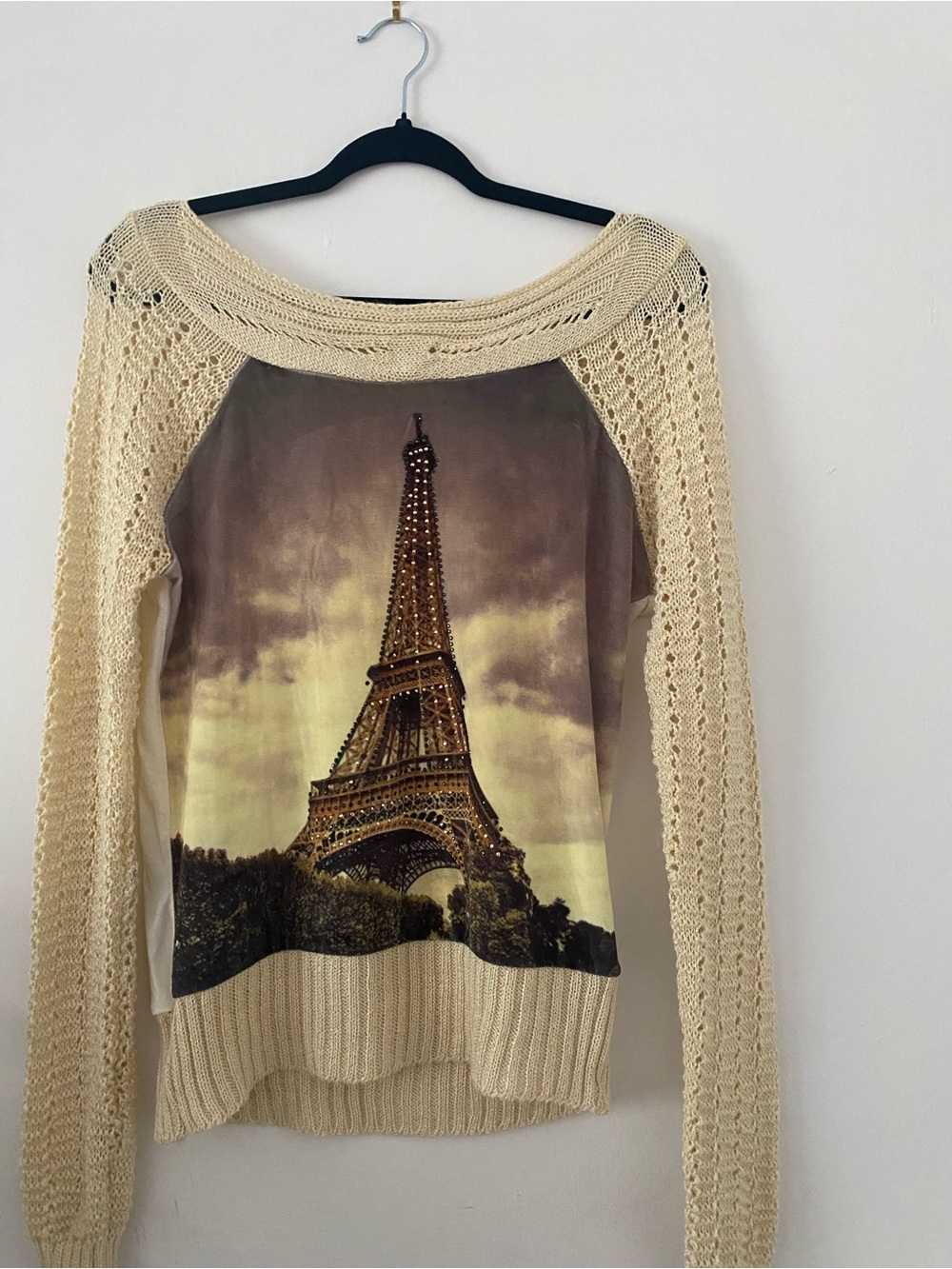 Beige Knit Sweater with Eiffel Tower Print